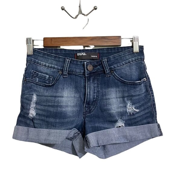 BDG Urban Outfitters Womens Dark Wash Distressed Cuffed Shortie Jean Shorts Sz 2 - Picture 1 of 7